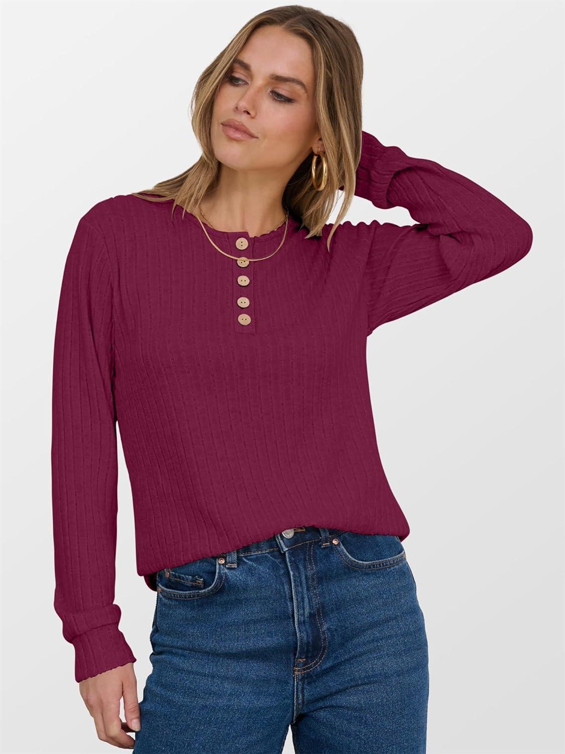 imageANRABESS Womens Long Sleeve Henley Shirts Button Down Tunic Tops Fall Lightweight Sweaters Business Casual Blouses 2025Burgundy