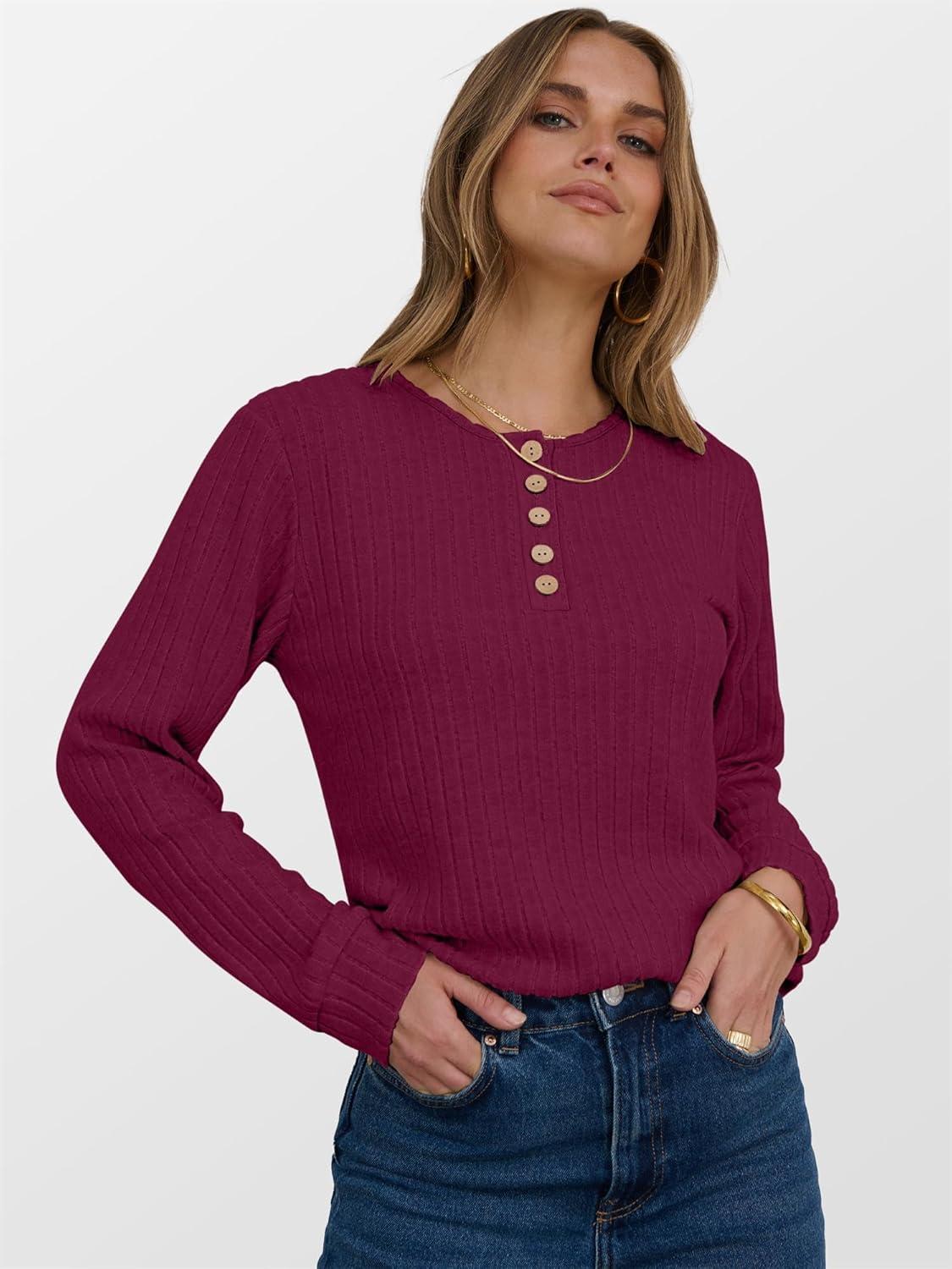 imageANRABESS Womens Long Sleeve Henley Shirts Button Down Tunic Tops Fall Lightweight Sweaters Business Casual Blouses 2025Burgundy