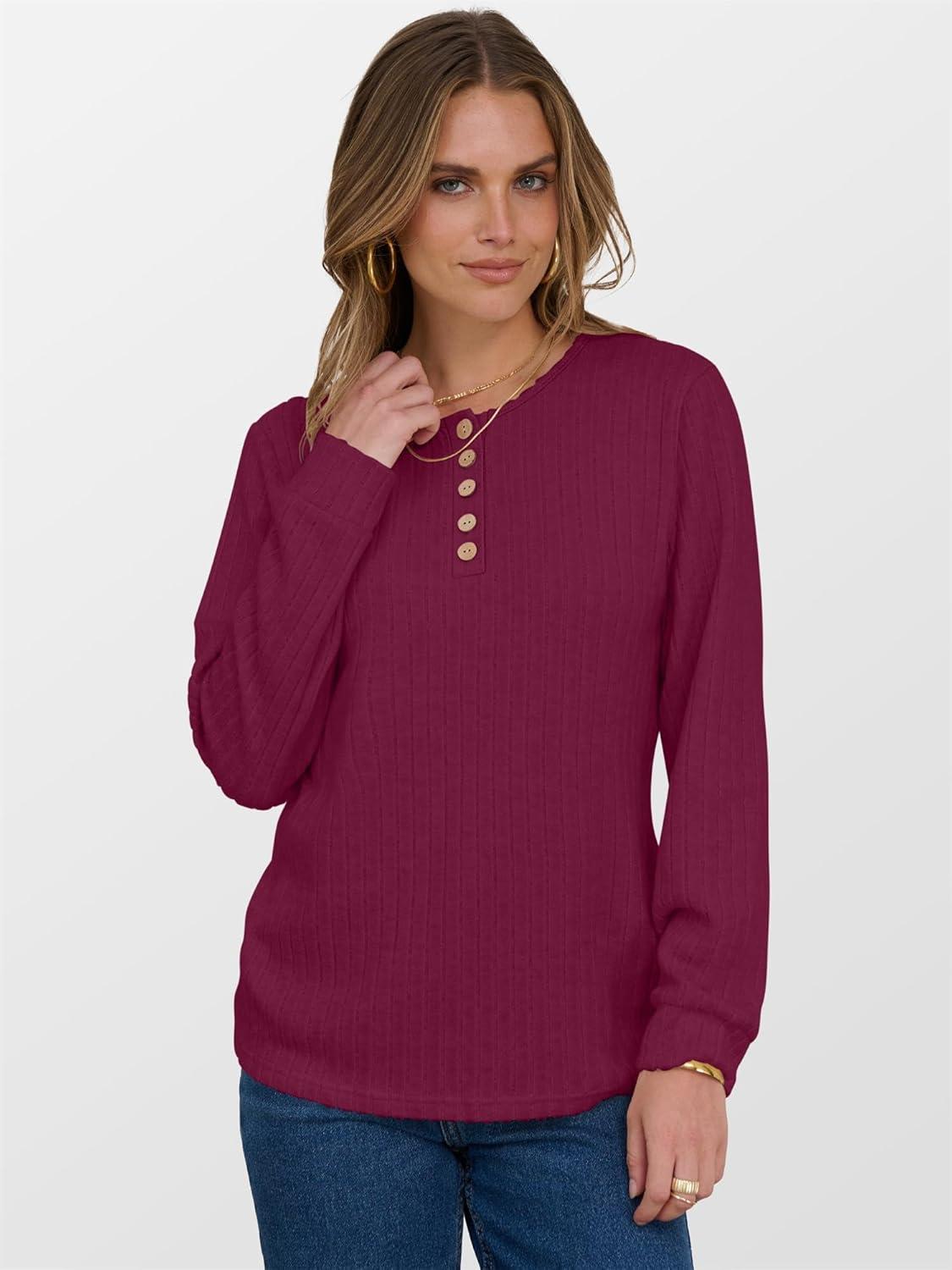 imageANRABESS Womens Long Sleeve Henley Shirts Button Down Tunic Tops Fall Lightweight Sweaters Business Casual Blouses 2025Burgundy