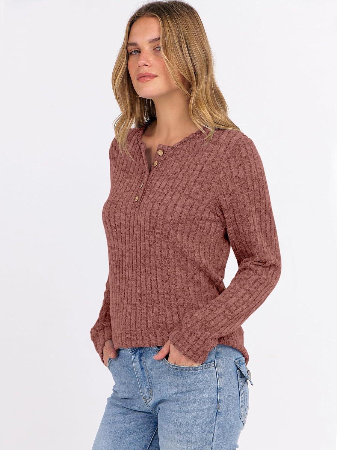 imageANRABESS Womens Long Sleeve Henley Shirts Button Down Tunic Tops Fall Lightweight Sweaters Business Casual Blouses 2025Rust Orange