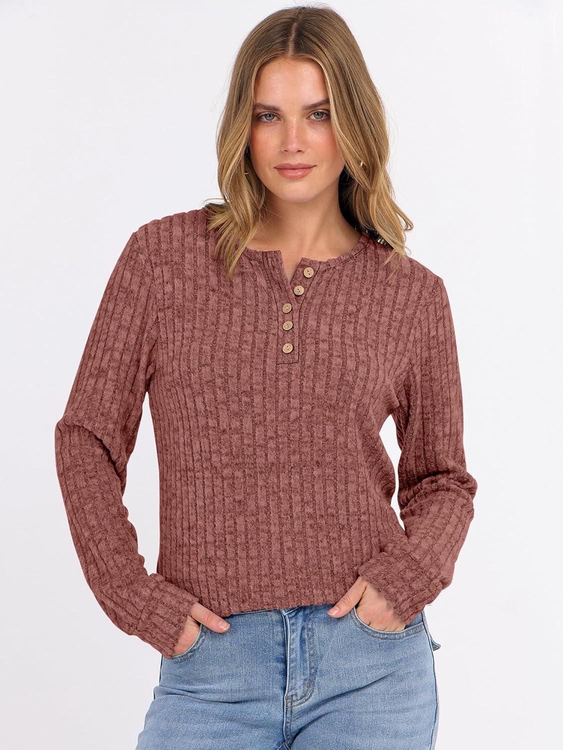 imageANRABESS Womens Long Sleeve Henley Shirts Button Down Tunic Tops Fall Lightweight Sweaters Business Casual Blouses 2025Rust Orange