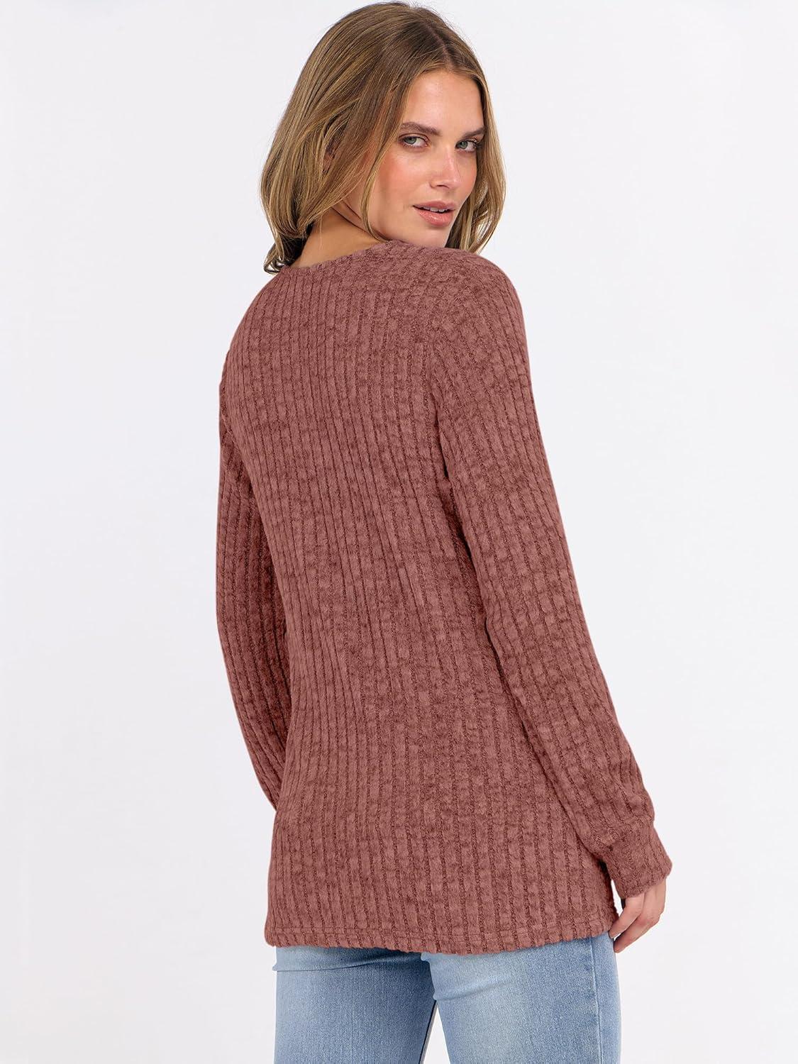 imageANRABESS Womens Long Sleeve Henley Shirts Button Down Tunic Tops Fall Lightweight Sweaters Business Casual Blouses 2025Rust Orange