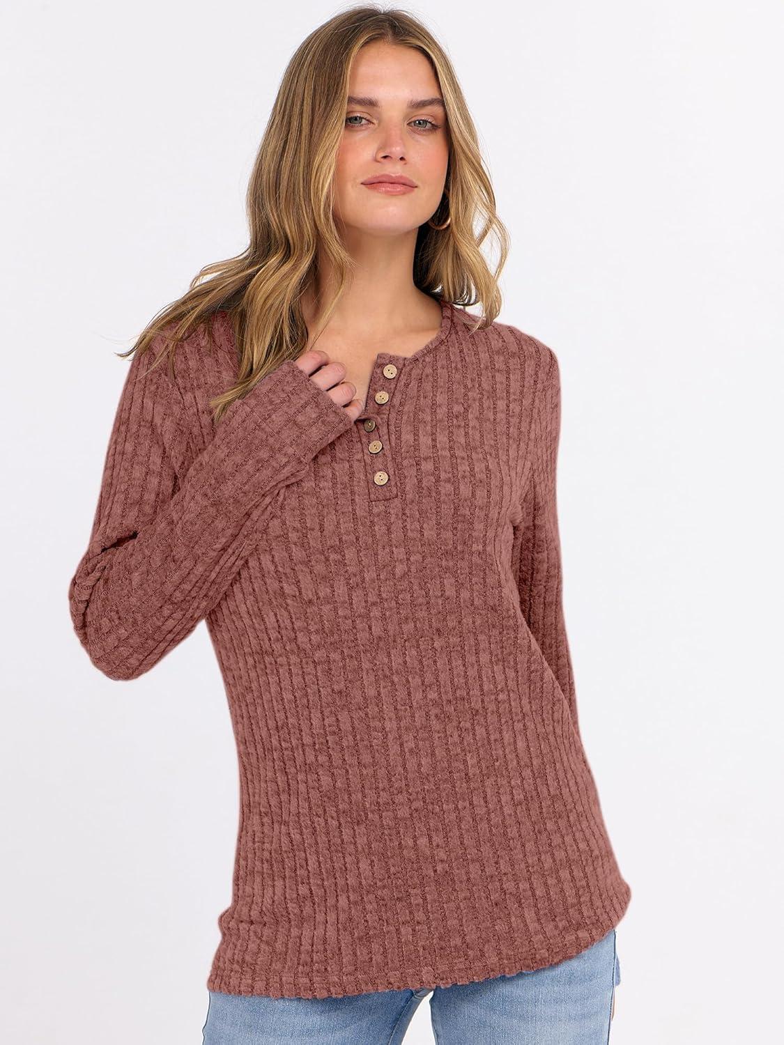 imageANRABESS Womens Long Sleeve Henley Shirts Button Down Tunic Tops Fall Lightweight Sweaters Business Casual Blouses 2025Rust Orange