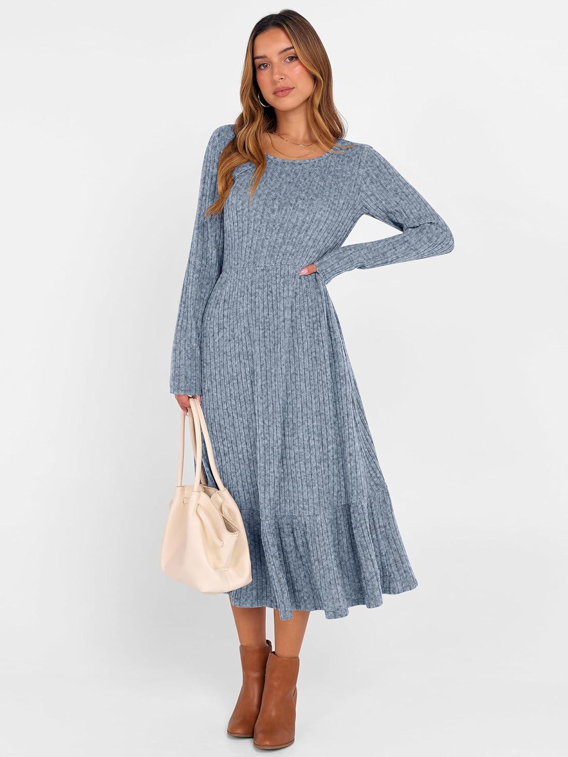 imageANRABESS Womens Long Sleeve Midi Dress 2025 Fall Rib Knit Crew Neck A Line Soft Flowy Swing Dresses with Pocket Casual TrendyBlue