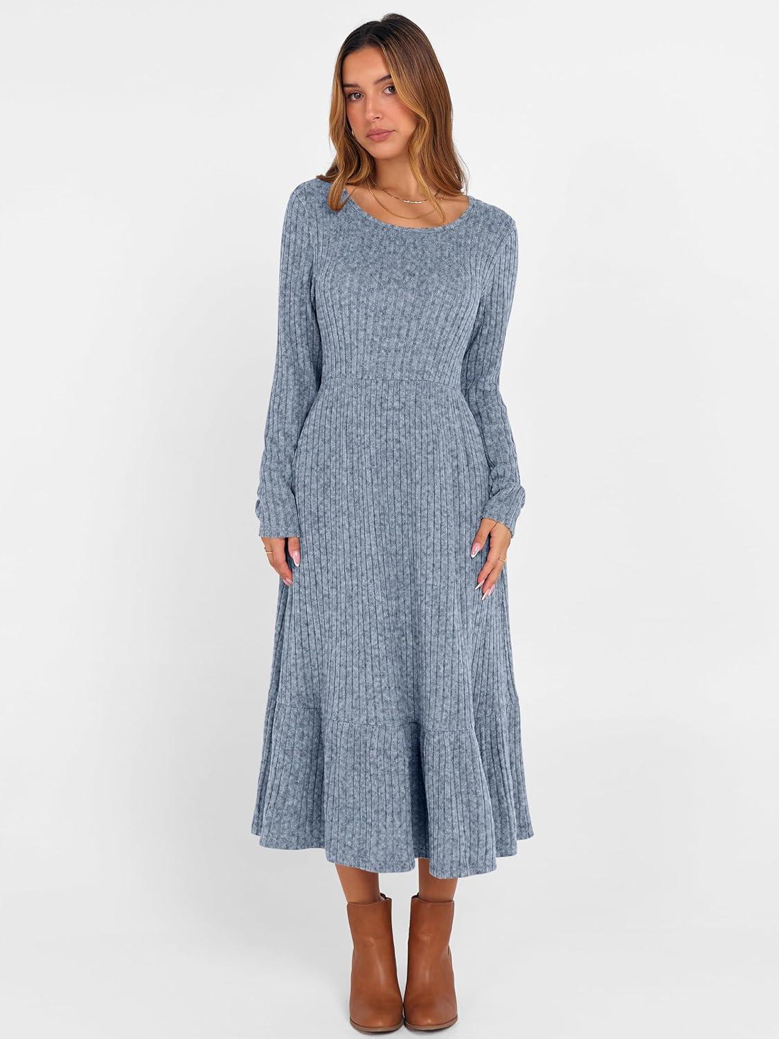 imageANRABESS Womens Long Sleeve Midi Dress 2025 Fall Rib Knit Crew Neck A Line Soft Flowy Swing Dresses with Pocket Casual TrendyBlue
