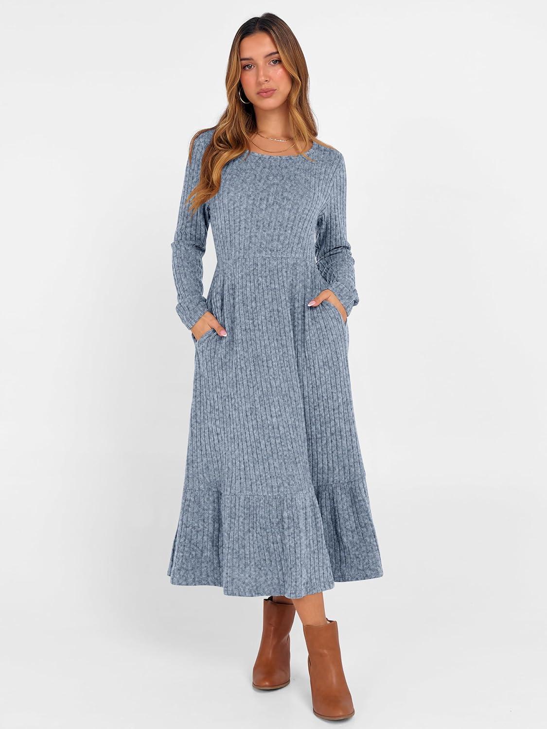 imageANRABESS Womens Long Sleeve Midi Dress 2025 Fall Rib Knit Crew Neck A Line Soft Flowy Swing Dresses with Pocket Casual TrendyBlue