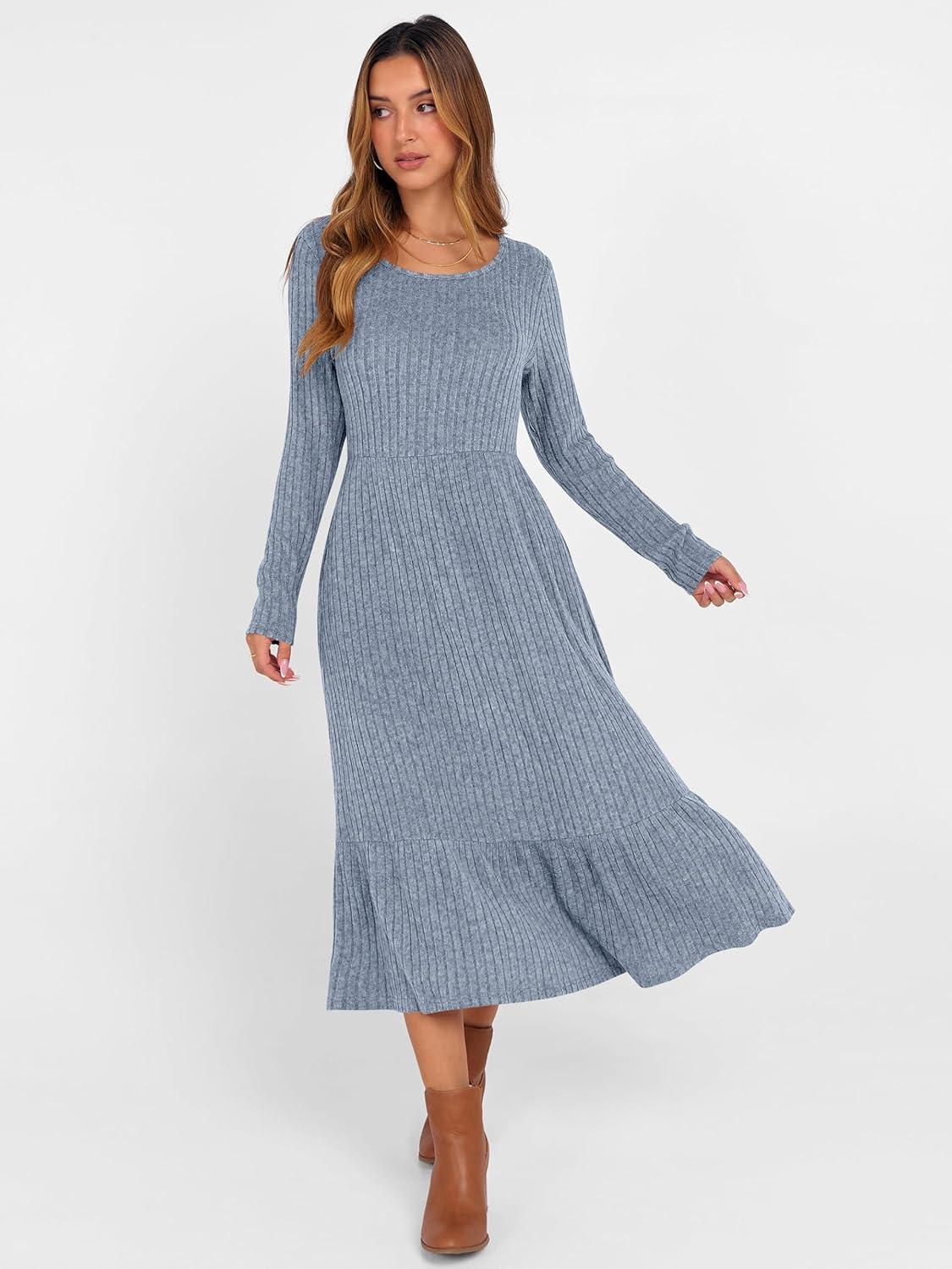 imageANRABESS Womens Long Sleeve Midi Dress 2025 Fall Rib Knit Crew Neck A Line Soft Flowy Swing Dresses with Pocket Casual TrendyBlue