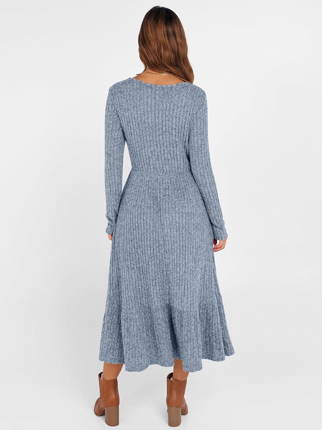 imageANRABESS Womens Long Sleeve Midi Dress 2025 Fall Rib Knit Crew Neck A Line Soft Flowy Swing Dresses with Pocket Casual TrendyBlue