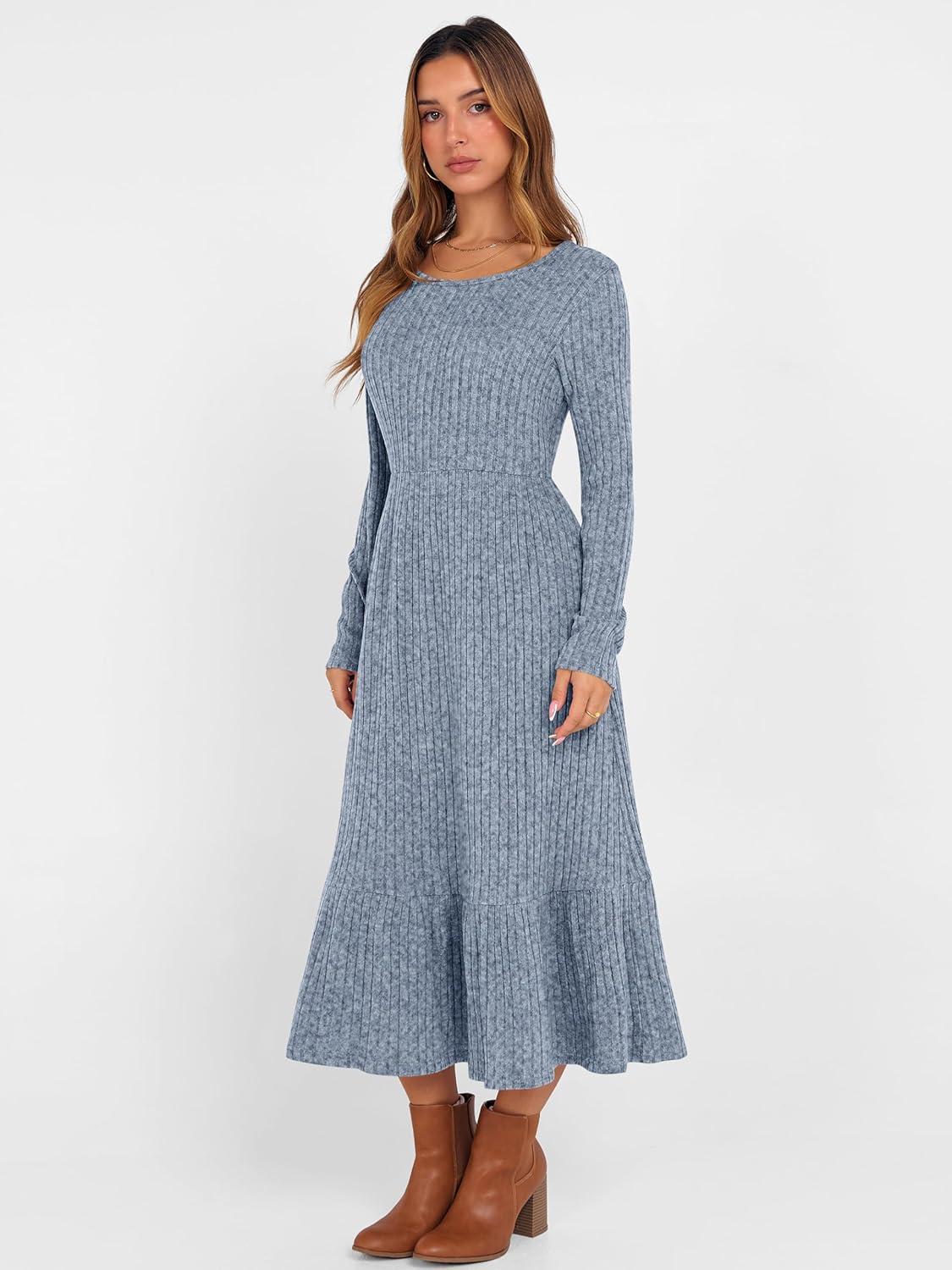 imageANRABESS Womens Long Sleeve Midi Dress 2025 Fall Rib Knit Crew Neck A Line Soft Flowy Swing Dresses with Pocket Casual TrendyBlue
