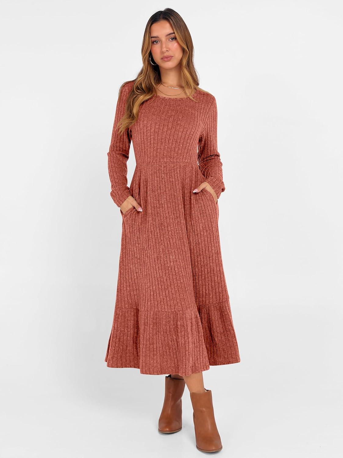 imageANRABESS Womens Long Sleeve Midi Dress 2025 Fall Rib Knit Crew Neck A Line Soft Flowy Swing Dresses with Pocket Casual TrendyBurnt Orange
