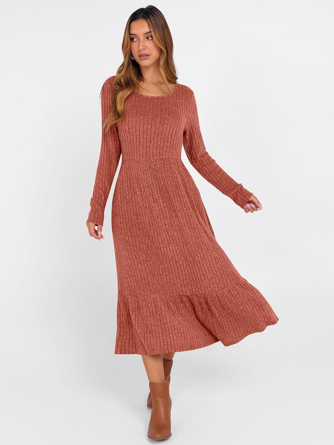imageANRABESS Womens Long Sleeve Midi Dress 2025 Fall Rib Knit Crew Neck A Line Soft Flowy Swing Dresses with Pocket Casual TrendyBurnt Orange