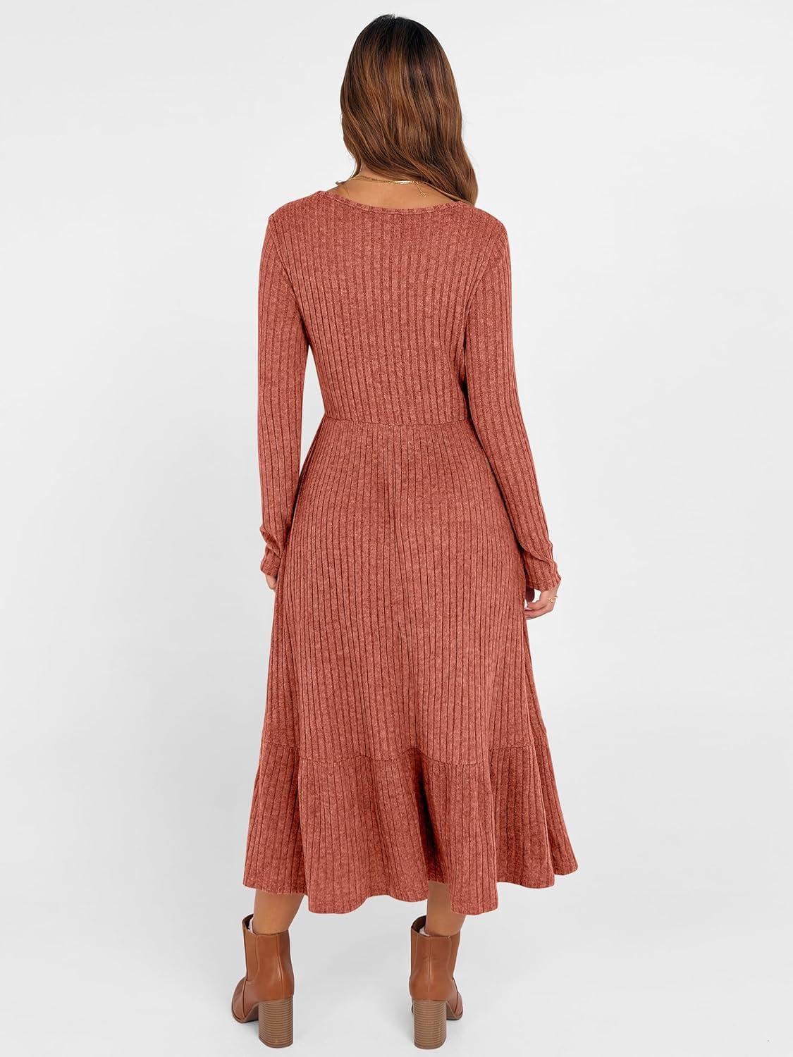 imageANRABESS Womens Long Sleeve Midi Dress 2025 Fall Rib Knit Crew Neck A Line Soft Flowy Swing Dresses with Pocket Casual TrendyBurnt Orange