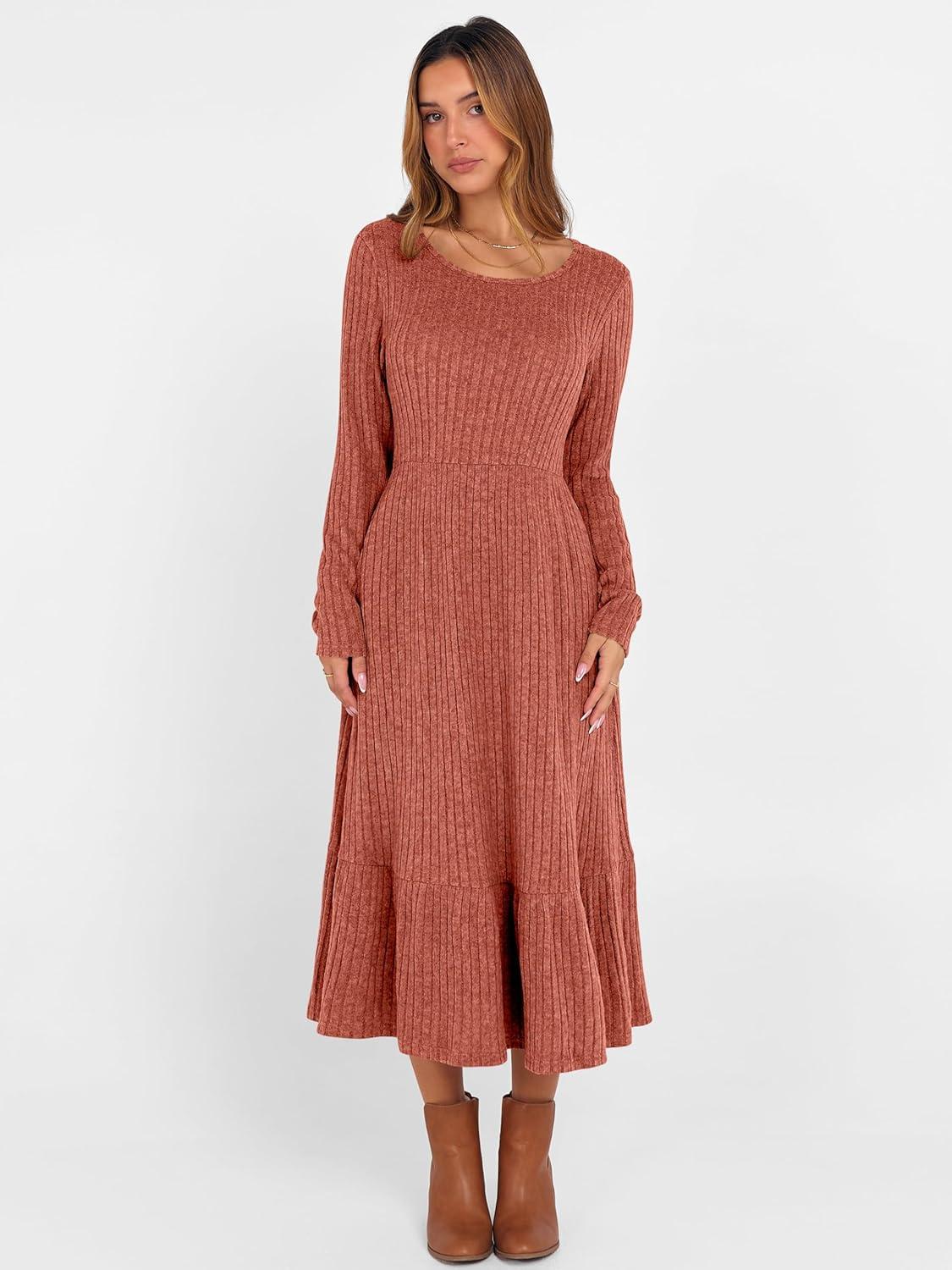 imageANRABESS Womens Long Sleeve Midi Dress 2025 Fall Rib Knit Crew Neck A Line Soft Flowy Swing Dresses with Pocket Casual TrendyBurnt Orange