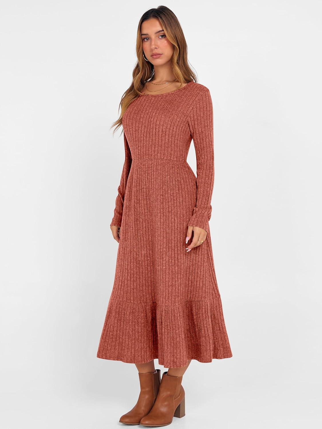 imageANRABESS Womens Long Sleeve Midi Dress 2025 Fall Rib Knit Crew Neck A Line Soft Flowy Swing Dresses with Pocket Casual TrendyBurnt Orange