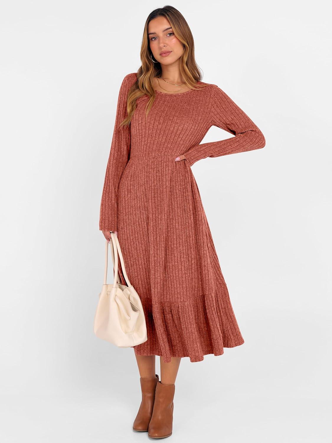 imageANRABESS Womens Long Sleeve Midi Dress 2025 Fall Rib Knit Crew Neck A Line Soft Flowy Swing Dresses with Pocket Casual TrendyBurnt Orange