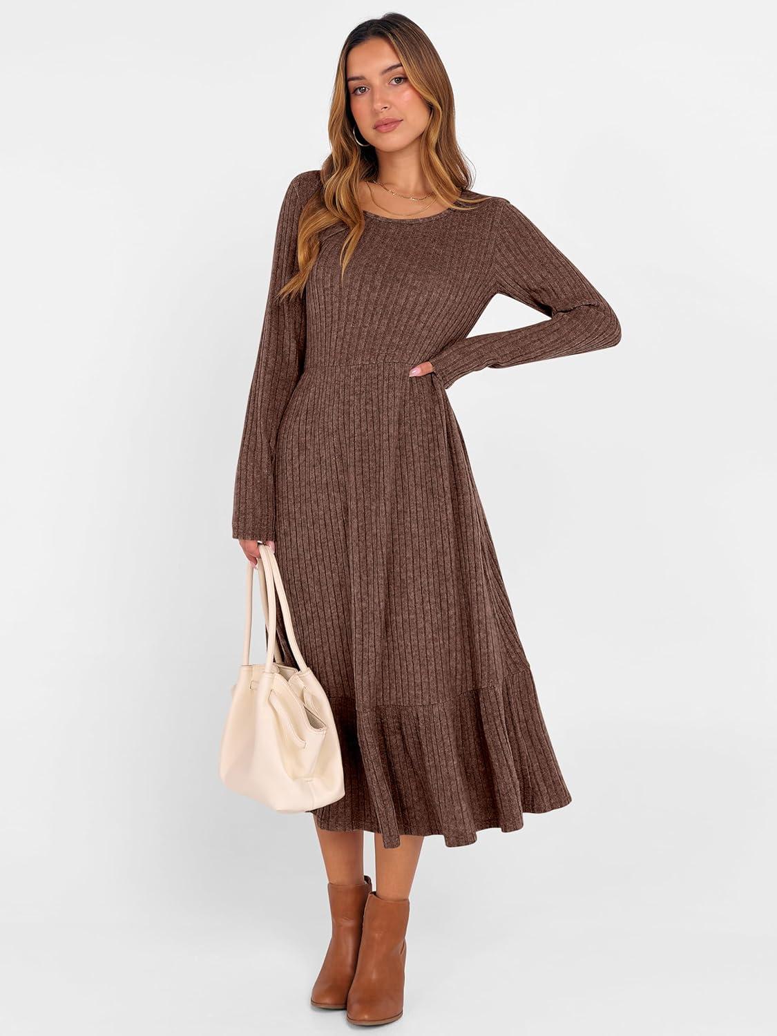 imageANRABESS Womens Long Sleeve Midi Dress 2025 Fall Rib Knit Crew Neck A Line Soft Flowy Swing Dresses with Pocket Casual TrendyDark Brown