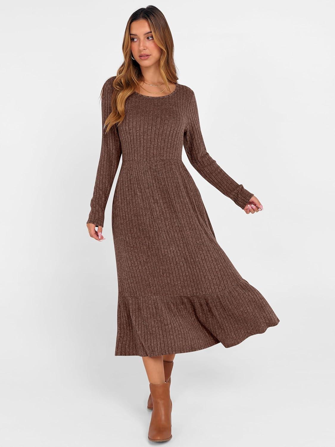 imageANRABESS Womens Long Sleeve Midi Dress 2025 Fall Rib Knit Crew Neck A Line Soft Flowy Swing Dresses with Pocket Casual TrendyDark Brown
