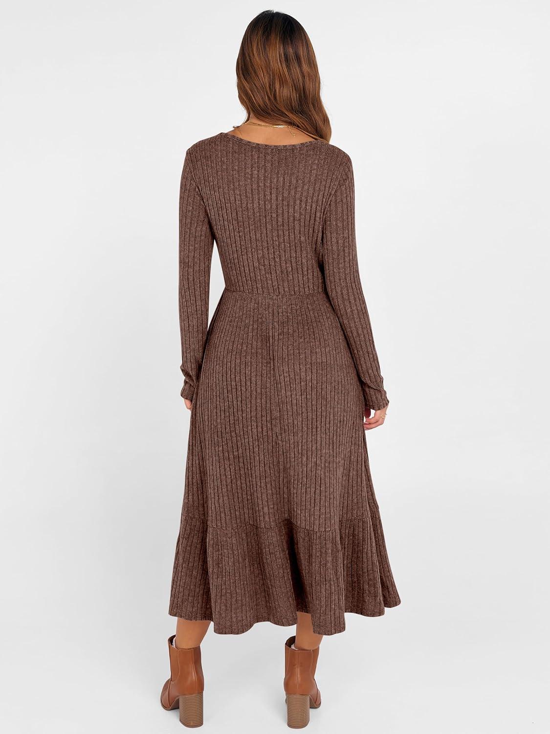 imageANRABESS Womens Long Sleeve Midi Dress 2025 Fall Rib Knit Crew Neck A Line Soft Flowy Swing Dresses with Pocket Casual TrendyDark Brown