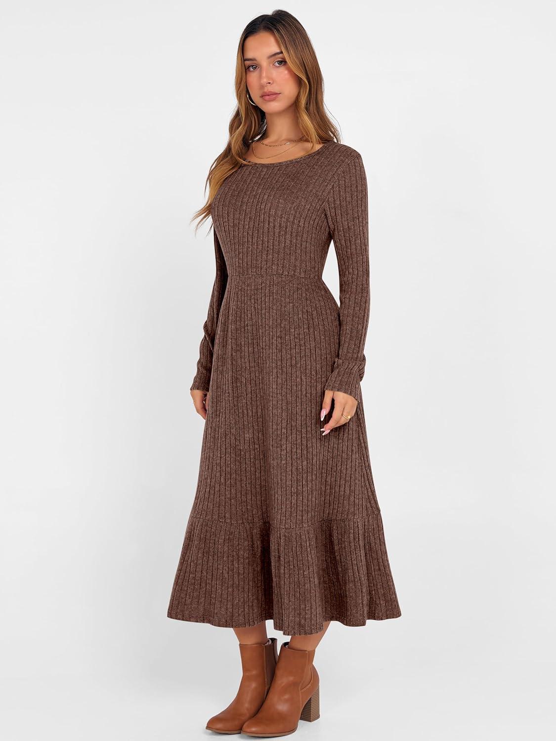 imageANRABESS Womens Long Sleeve Midi Dress 2025 Fall Rib Knit Crew Neck A Line Soft Flowy Swing Dresses with Pocket Casual TrendyDark Brown