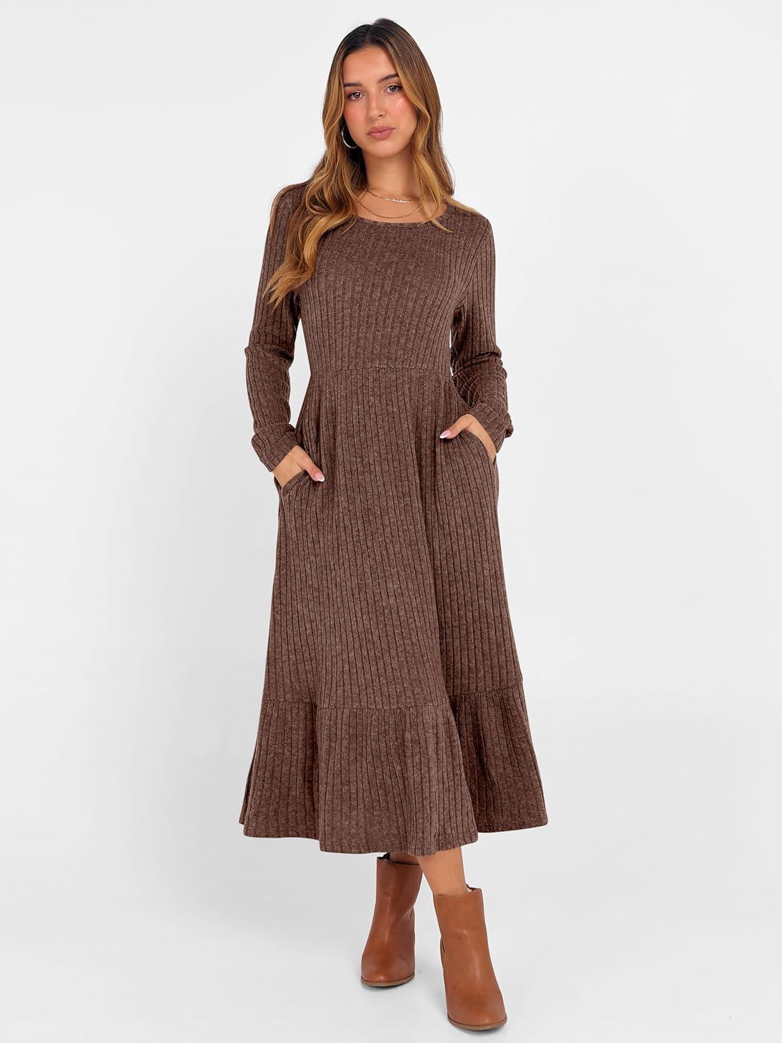 imageANRABESS Womens Long Sleeve Midi Dress 2025 Fall Rib Knit Crew Neck A Line Soft Flowy Swing Dresses with Pocket Casual TrendyDark Brown