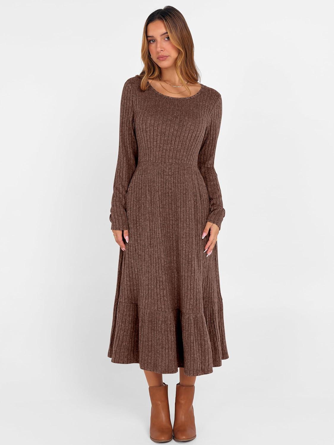 imageANRABESS Womens Long Sleeve Midi Dress 2025 Fall Rib Knit Crew Neck A Line Soft Flowy Swing Dresses with Pocket Casual TrendyDark Brown