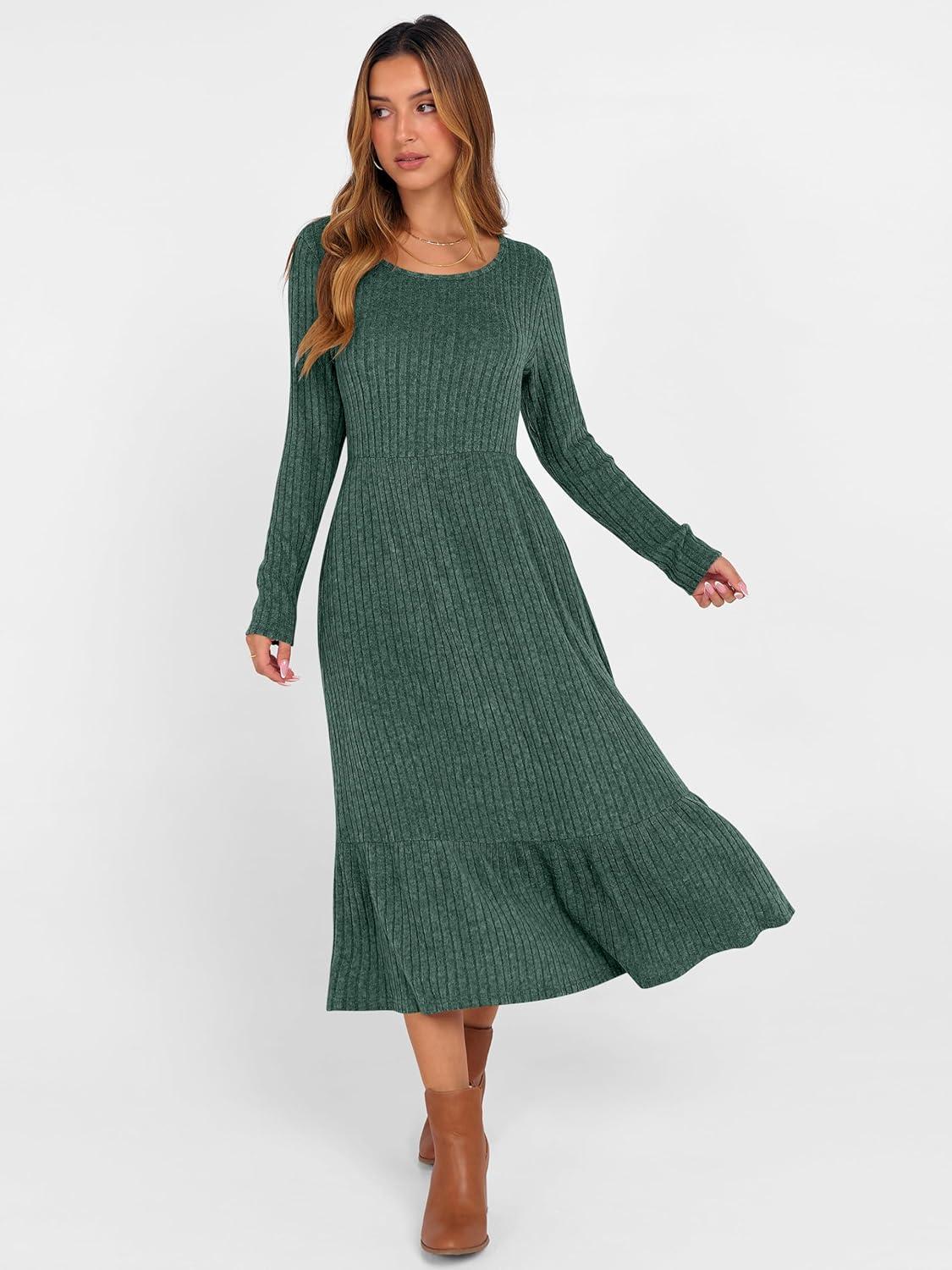 imageANRABESS Womens Long Sleeve Midi Dress 2025 Fall Rib Knit Crew Neck A Line Soft Flowy Swing Dresses with Pocket Casual TrendyGreen