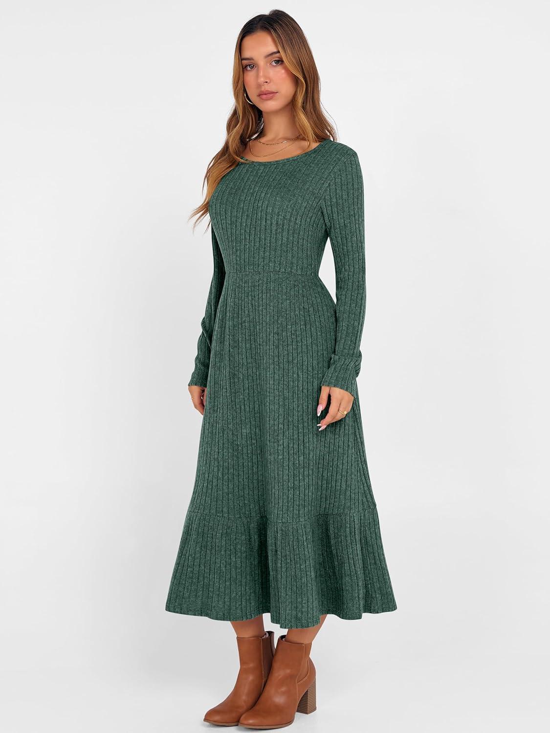 imageANRABESS Womens Long Sleeve Midi Dress 2025 Fall Rib Knit Crew Neck A Line Soft Flowy Swing Dresses with Pocket Casual TrendyGreen