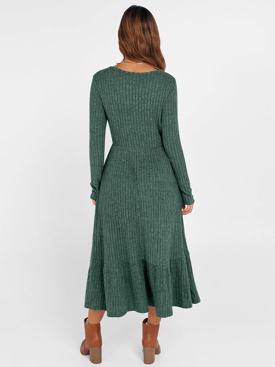 imageANRABESS Womens Long Sleeve Midi Dress 2025 Fall Rib Knit Crew Neck A Line Soft Flowy Swing Dresses with Pocket Casual TrendyGreen