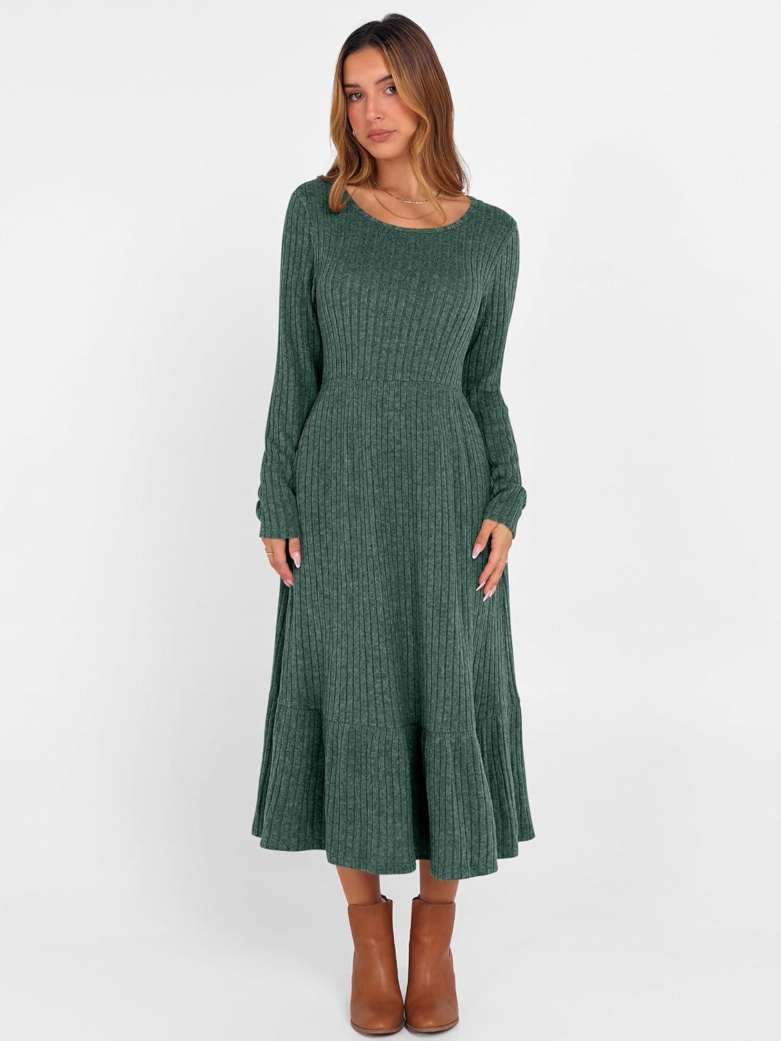 imageANRABESS Womens Long Sleeve Midi Dress 2025 Fall Rib Knit Crew Neck A Line Soft Flowy Swing Dresses with Pocket Casual TrendyGreen