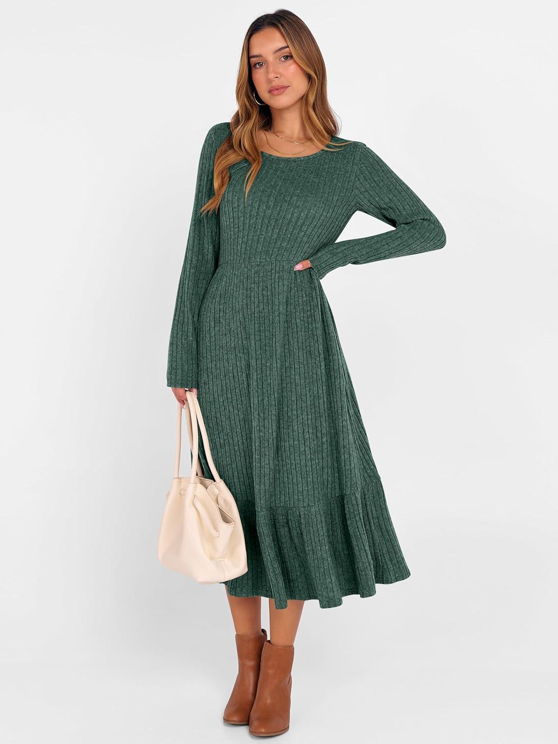imageANRABESS Womens Long Sleeve Midi Dress 2025 Fall Rib Knit Crew Neck A Line Soft Flowy Swing Dresses with Pocket Casual TrendyGreen