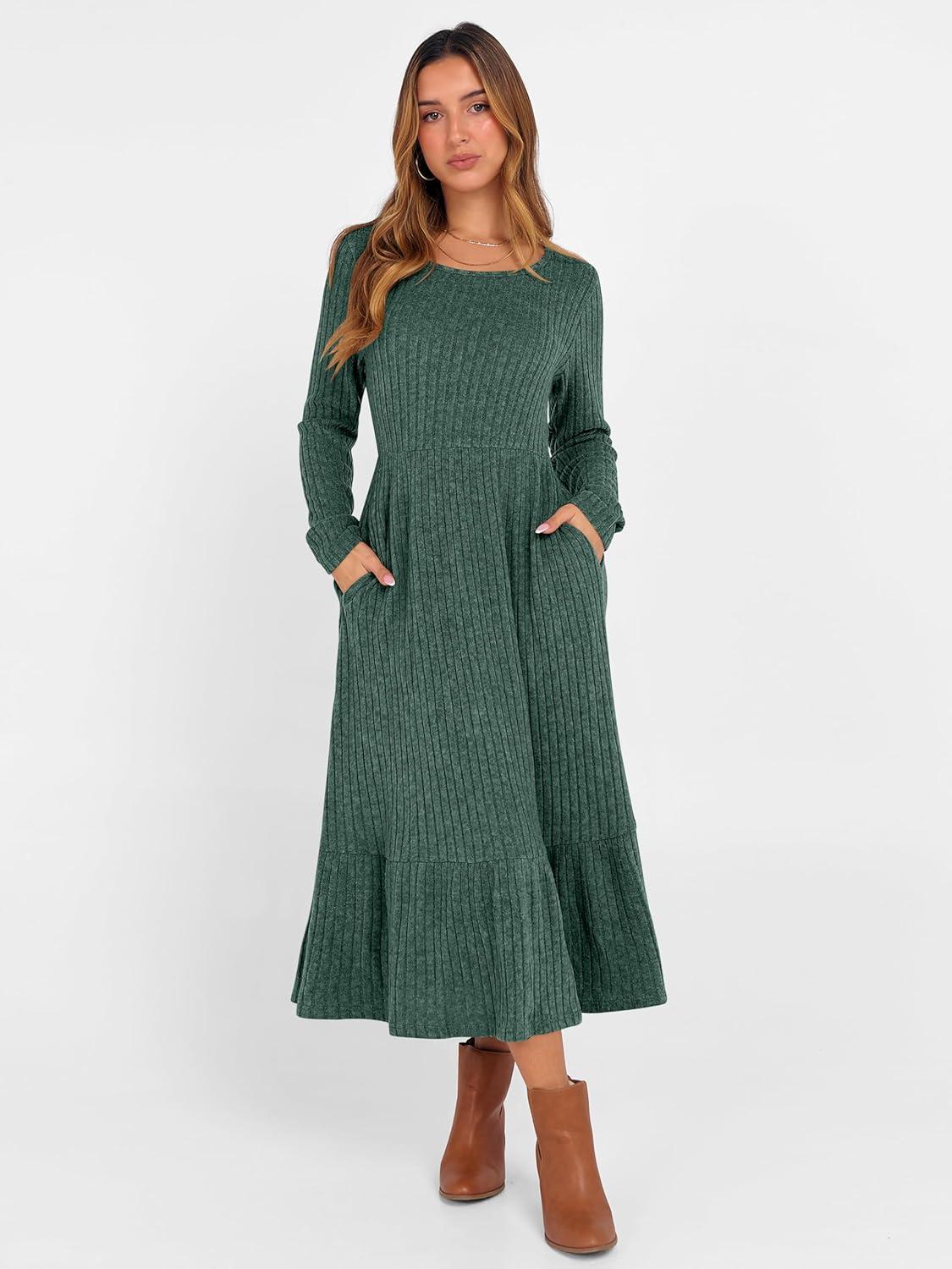 imageANRABESS Womens Long Sleeve Midi Dress 2025 Fall Rib Knit Crew Neck A Line Soft Flowy Swing Dresses with Pocket Casual TrendyGreen