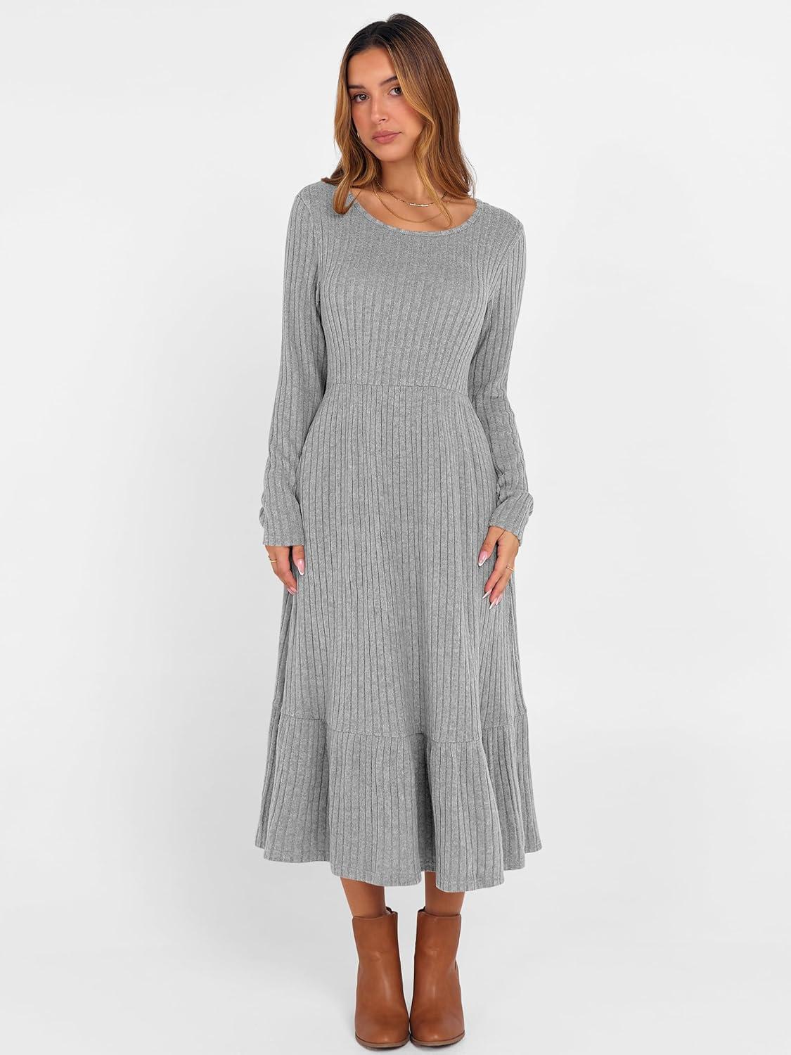 imageANRABESS Womens Long Sleeve Midi Dress 2025 Fall Rib Knit Crew Neck A Line Soft Flowy Swing Dresses with Pocket Casual TrendyGrey