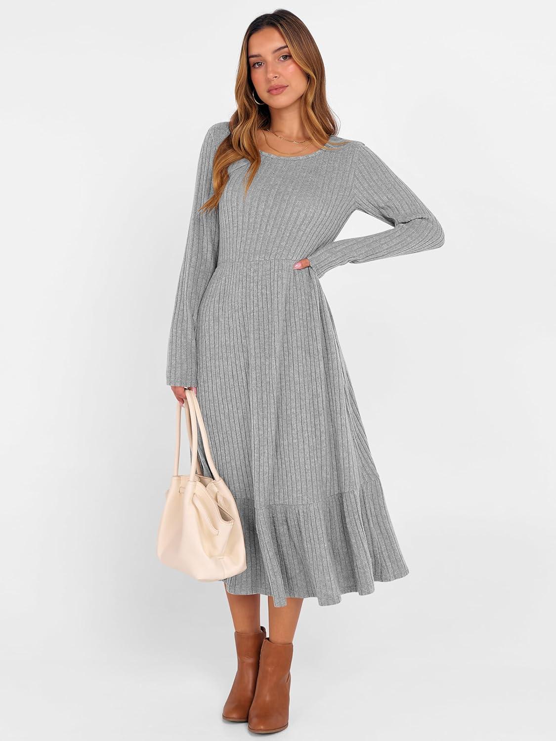 imageANRABESS Womens Long Sleeve Midi Dress 2025 Fall Rib Knit Crew Neck A Line Soft Flowy Swing Dresses with Pocket Casual TrendyGrey