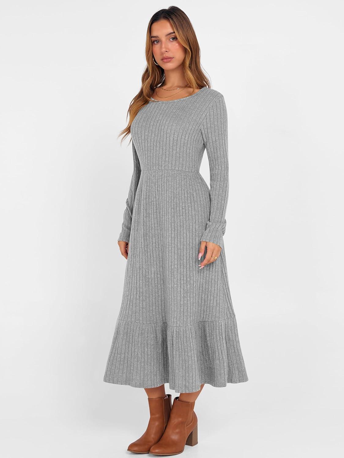 imageANRABESS Womens Long Sleeve Midi Dress 2025 Fall Rib Knit Crew Neck A Line Soft Flowy Swing Dresses with Pocket Casual TrendyGrey