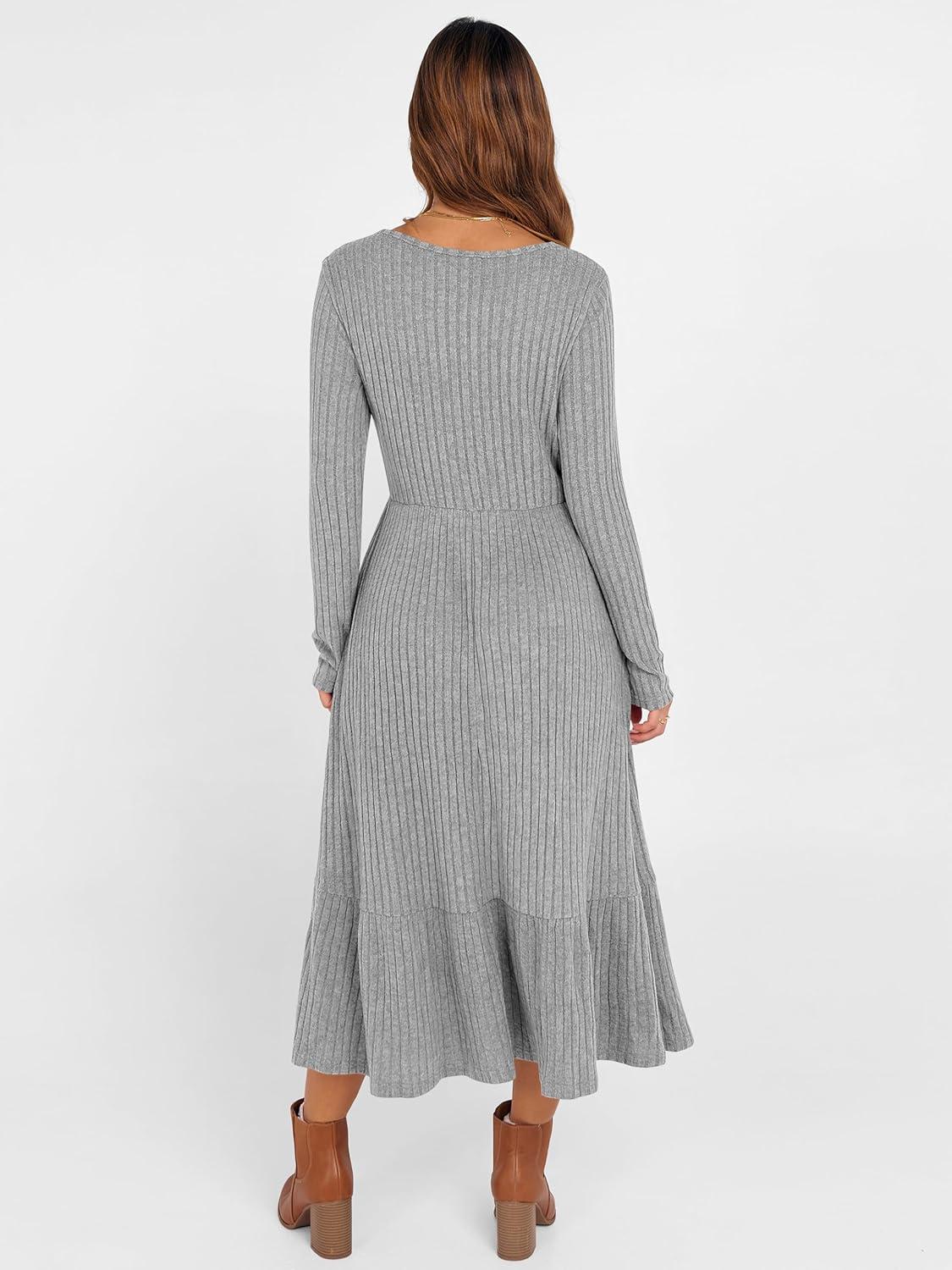 imageANRABESS Womens Long Sleeve Midi Dress 2025 Fall Rib Knit Crew Neck A Line Soft Flowy Swing Dresses with Pocket Casual TrendyGrey