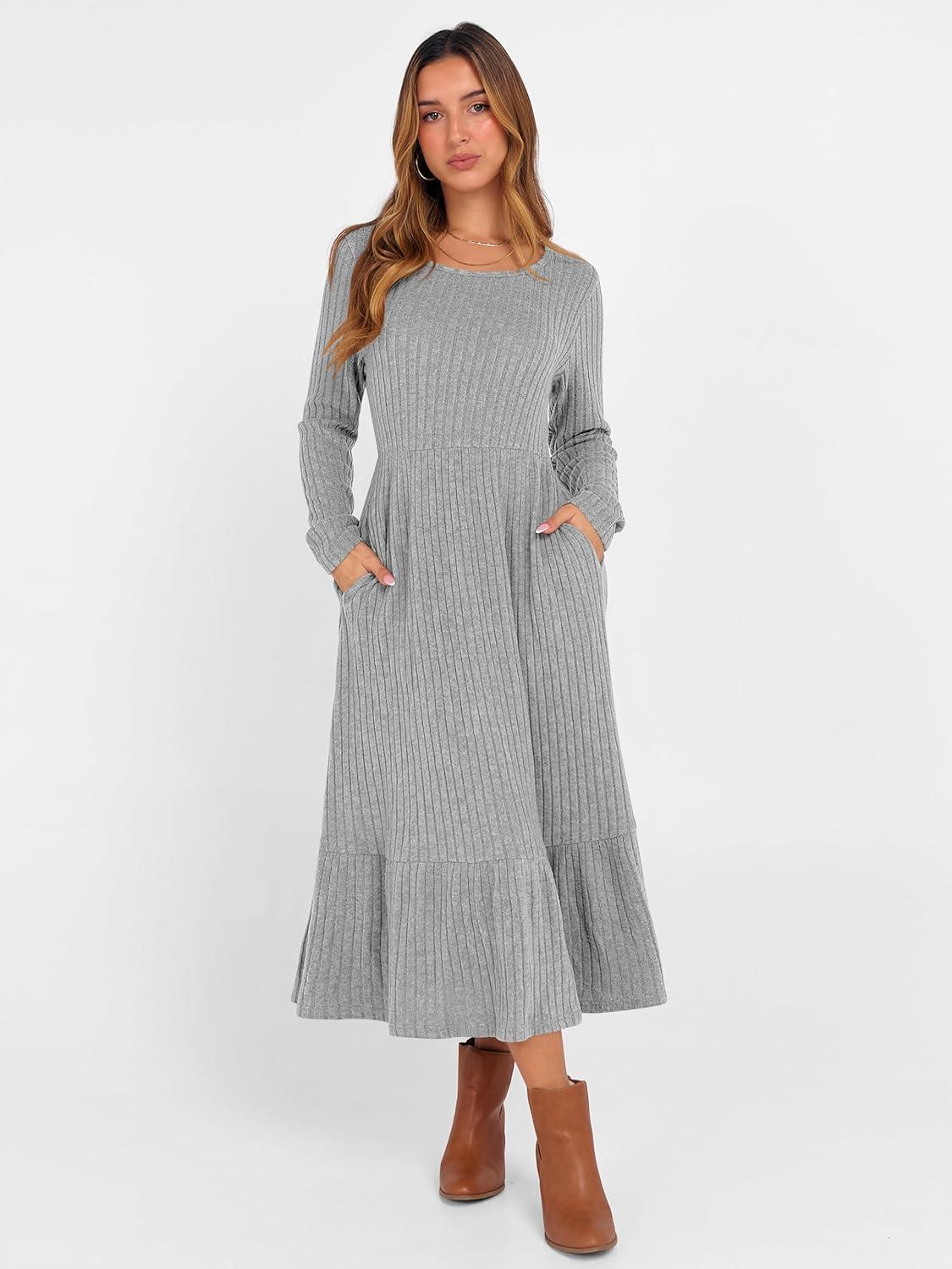 imageANRABESS Womens Long Sleeve Midi Dress 2025 Fall Rib Knit Crew Neck A Line Soft Flowy Swing Dresses with Pocket Casual TrendyGrey