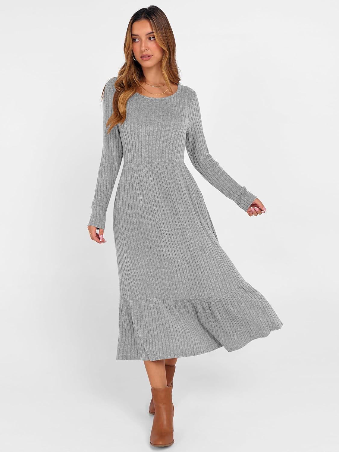 imageANRABESS Womens Long Sleeve Midi Dress 2025 Fall Rib Knit Crew Neck A Line Soft Flowy Swing Dresses with Pocket Casual TrendyGrey