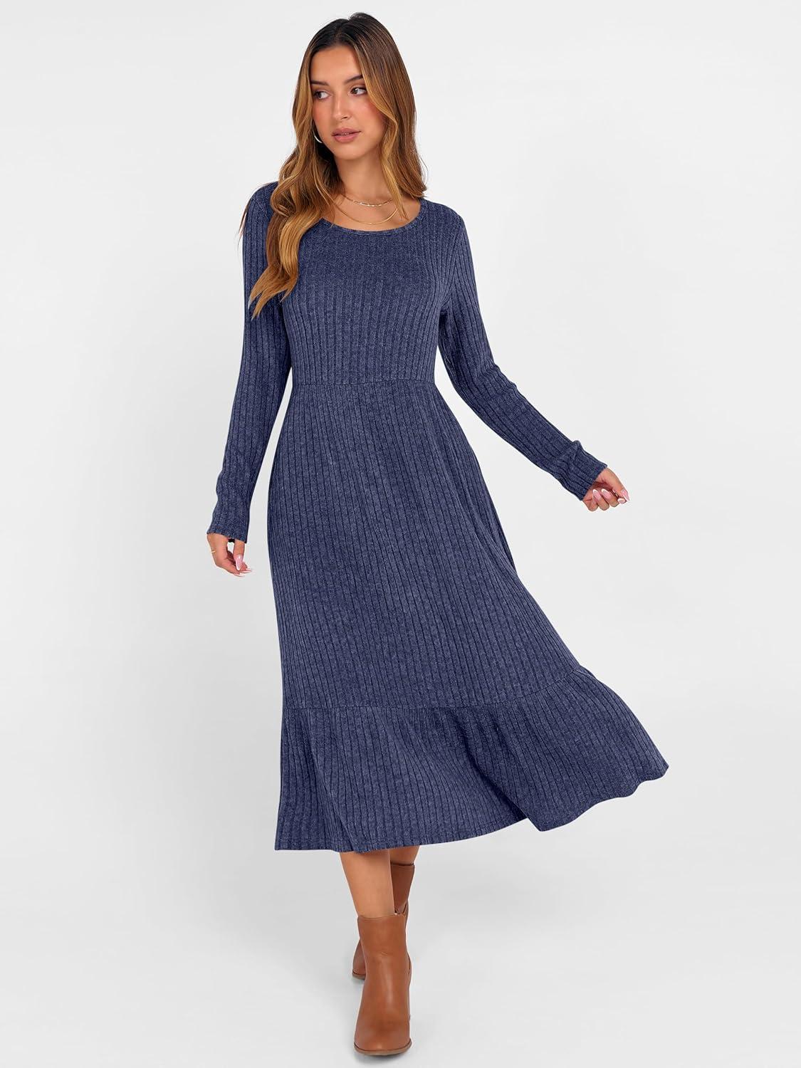 imageANRABESS Womens Long Sleeve Midi Dress 2025 Fall Rib Knit Crew Neck A Line Soft Flowy Swing Dresses with Pocket Casual TrendyNavy Blue