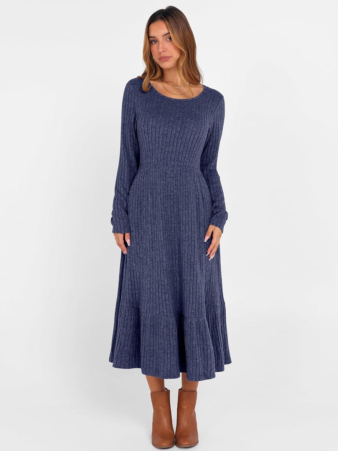 imageANRABESS Womens Long Sleeve Midi Dress 2025 Fall Rib Knit Crew Neck A Line Soft Flowy Swing Dresses with Pocket Casual TrendyNavy Blue