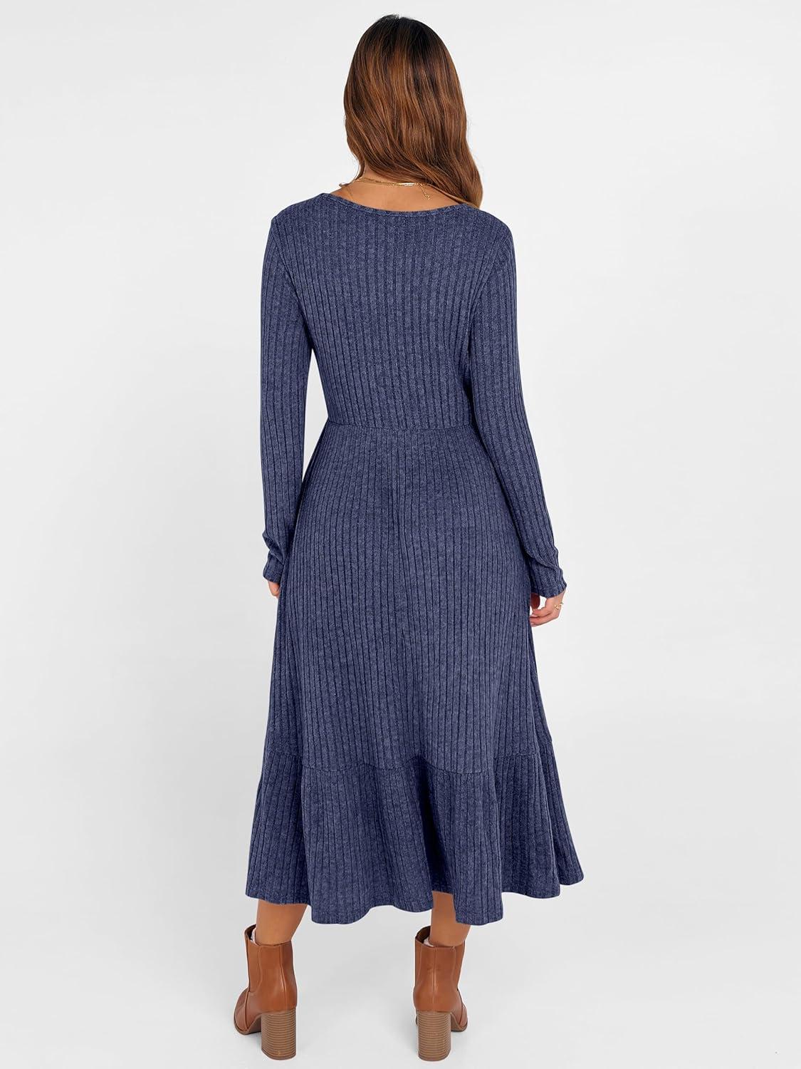 imageANRABESS Womens Long Sleeve Midi Dress 2025 Fall Rib Knit Crew Neck A Line Soft Flowy Swing Dresses with Pocket Casual TrendyNavy Blue
