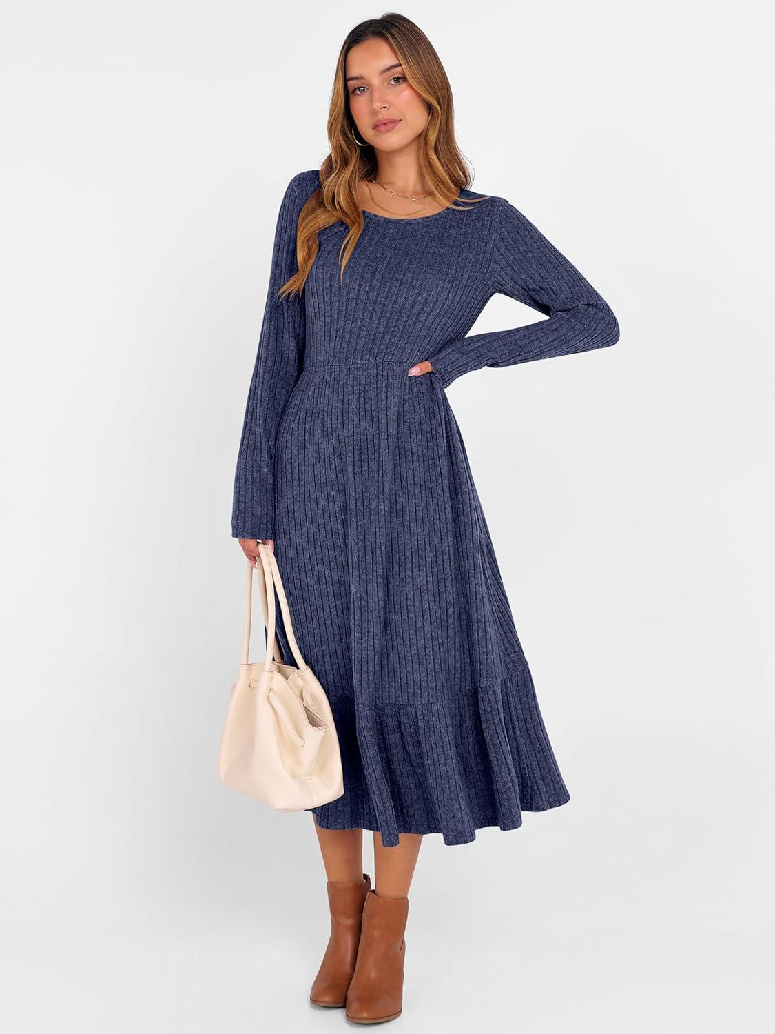 imageANRABESS Womens Long Sleeve Midi Dress 2025 Fall Rib Knit Crew Neck A Line Soft Flowy Swing Dresses with Pocket Casual TrendyNavy Blue