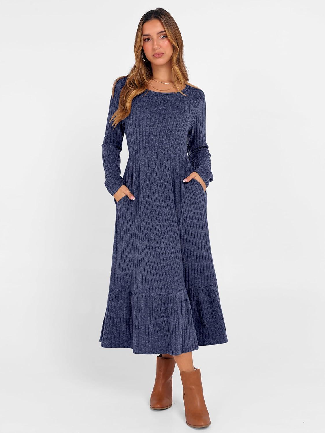 imageANRABESS Womens Long Sleeve Midi Dress 2025 Fall Rib Knit Crew Neck A Line Soft Flowy Swing Dresses with Pocket Casual TrendyNavy Blue