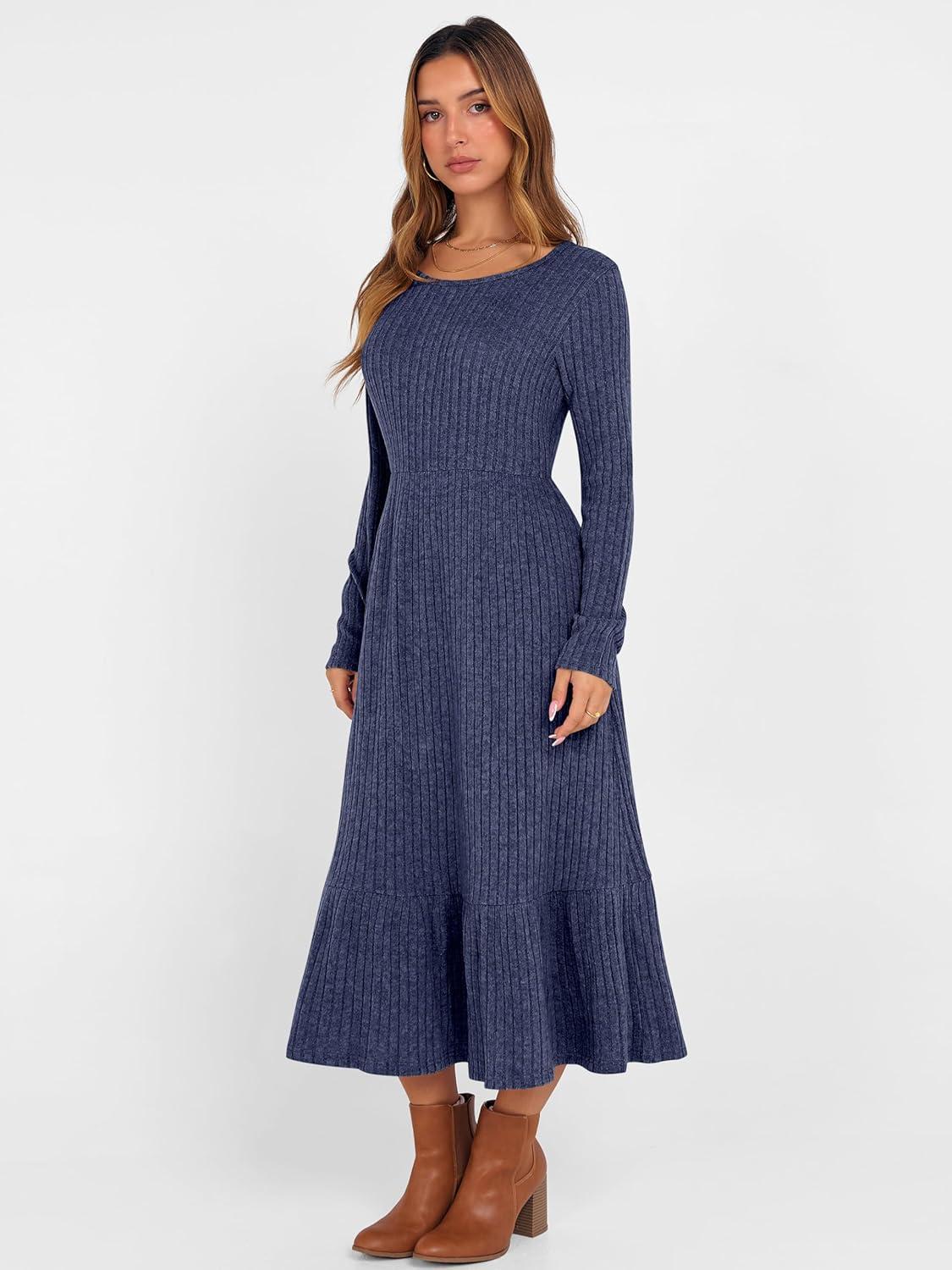 imageANRABESS Womens Long Sleeve Midi Dress 2025 Fall Rib Knit Crew Neck A Line Soft Flowy Swing Dresses with Pocket Casual TrendyNavy Blue