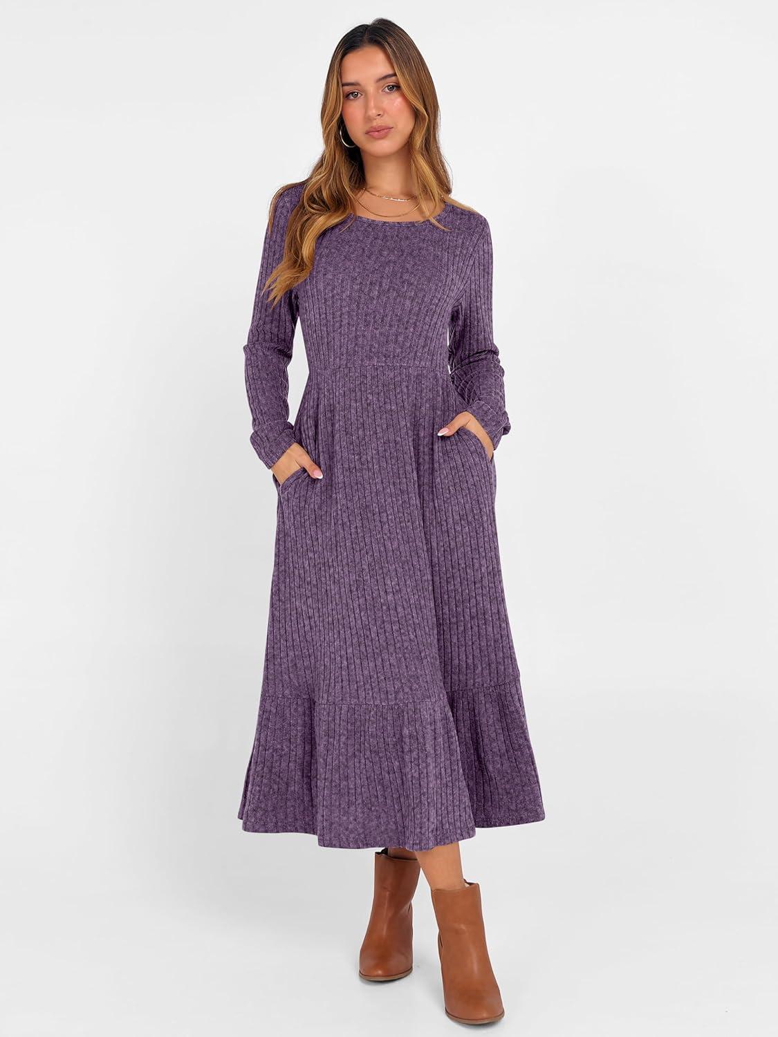 imageANRABESS Womens Long Sleeve Midi Dress 2025 Fall Rib Knit Crew Neck A Line Soft Flowy Swing Dresses with Pocket Casual TrendyPurple