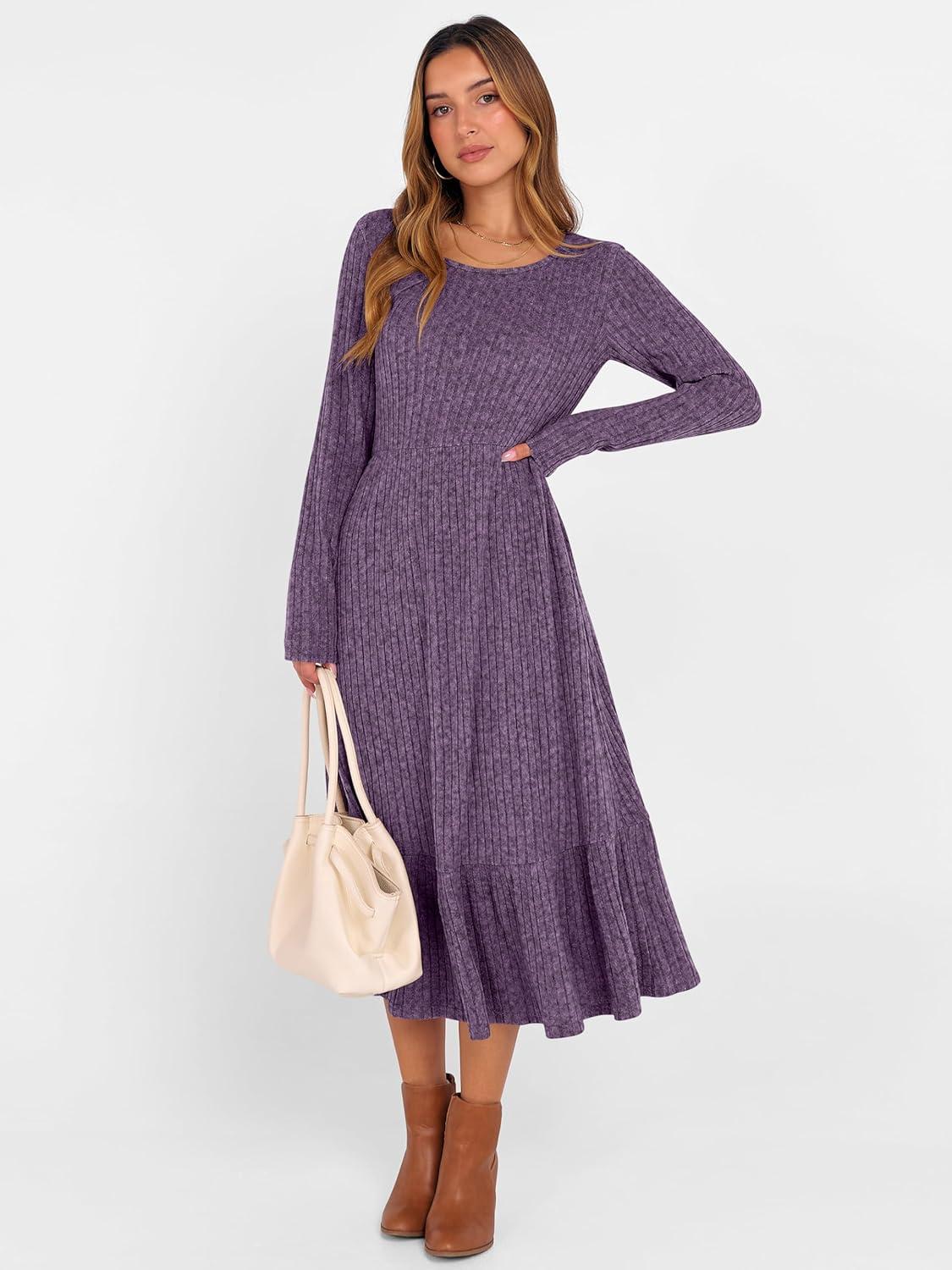 imageANRABESS Womens Long Sleeve Midi Dress 2025 Fall Rib Knit Crew Neck A Line Soft Flowy Swing Dresses with Pocket Casual TrendyPurple