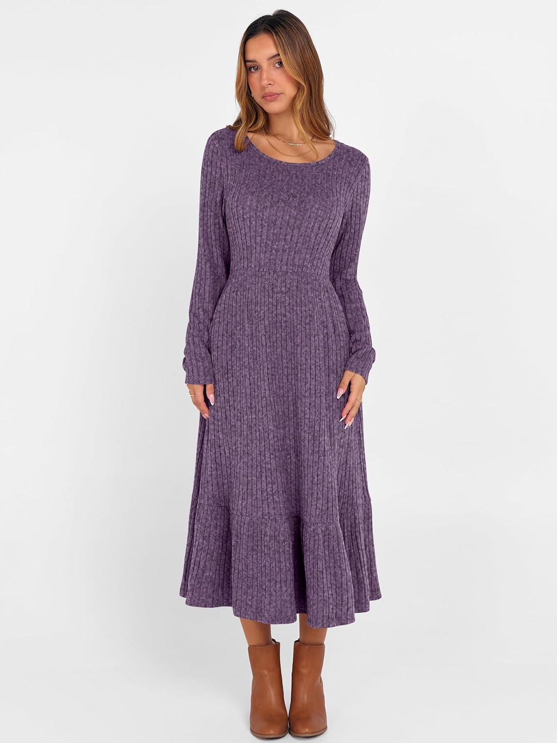 imageANRABESS Womens Long Sleeve Midi Dress 2025 Fall Rib Knit Crew Neck A Line Soft Flowy Swing Dresses with Pocket Casual TrendyPurple