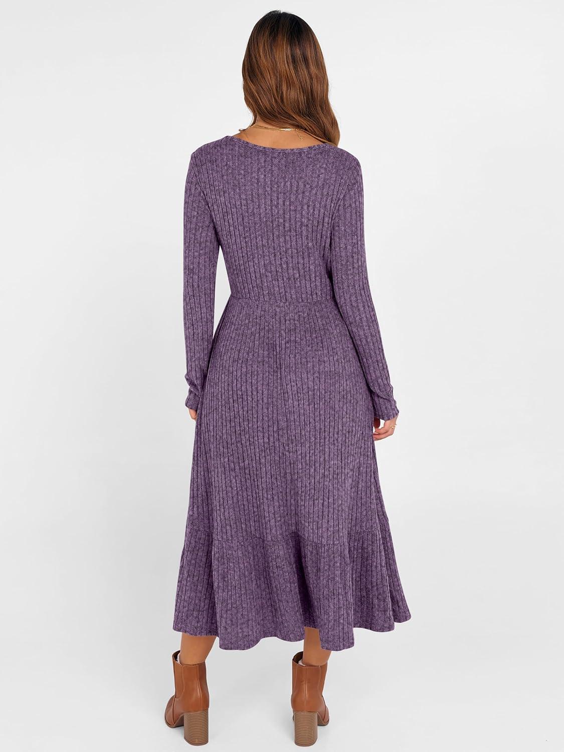 imageANRABESS Womens Long Sleeve Midi Dress 2025 Fall Rib Knit Crew Neck A Line Soft Flowy Swing Dresses with Pocket Casual TrendyPurple
