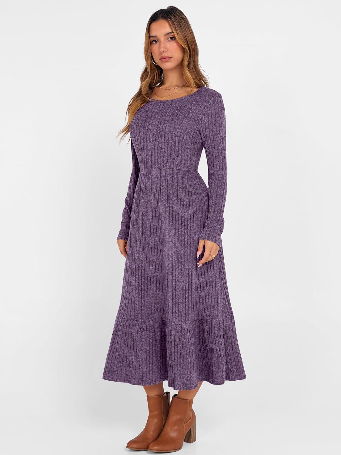 imageANRABESS Womens Long Sleeve Midi Dress 2025 Fall Rib Knit Crew Neck A Line Soft Flowy Swing Dresses with Pocket Casual TrendyPurple