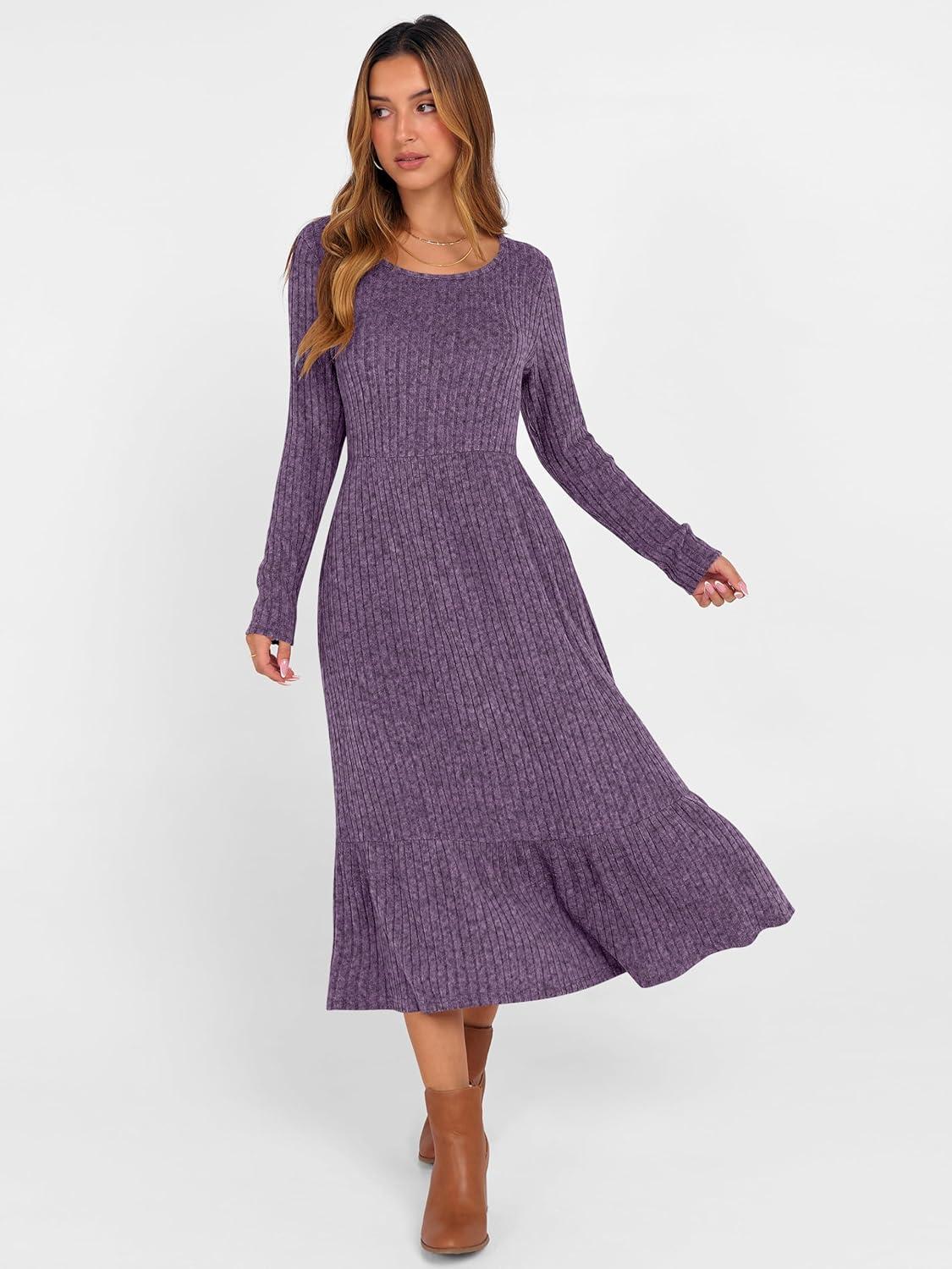 imageANRABESS Womens Long Sleeve Midi Dress 2025 Fall Rib Knit Crew Neck A Line Soft Flowy Swing Dresses with Pocket Casual TrendyPurple