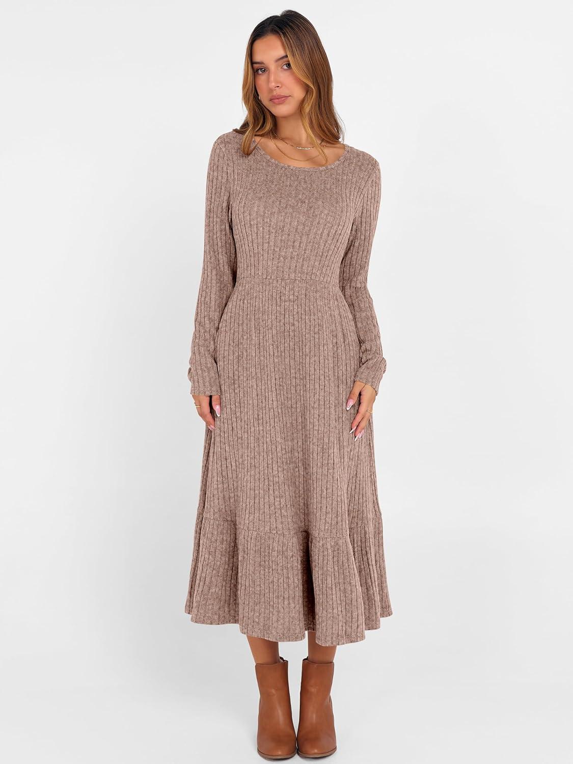 imageANRABESS Womens Long Sleeve Midi Dress 2025 Fall Rib Knit Crew Neck A Line Soft Flowy Swing Dresses with Pocket Casual TrendyTan